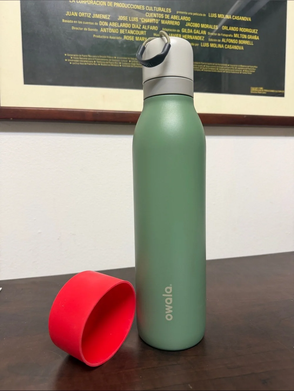 Owala 24 oz Insulated Green Water Bottle with Red Base and Gray Cap